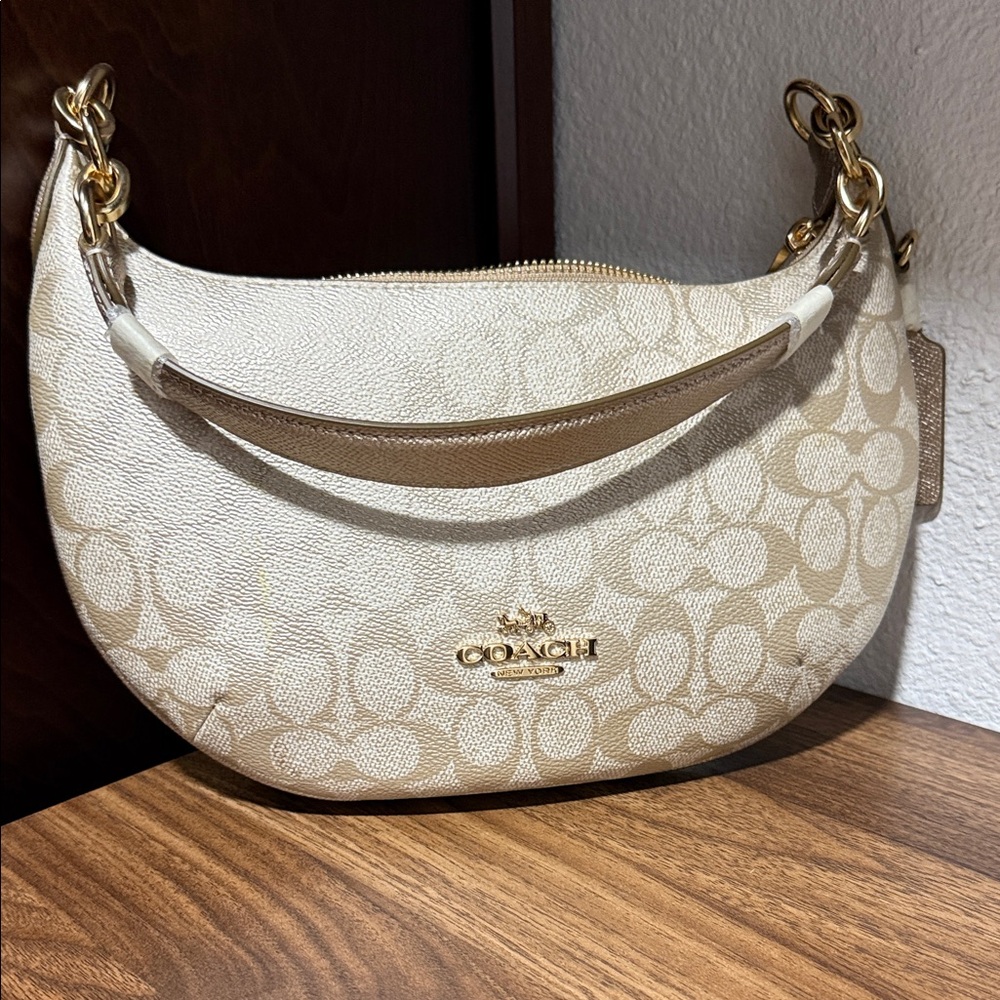 Coach Signature Crescent Shoulder Bag in Cream and Tan with Gold Hardware
